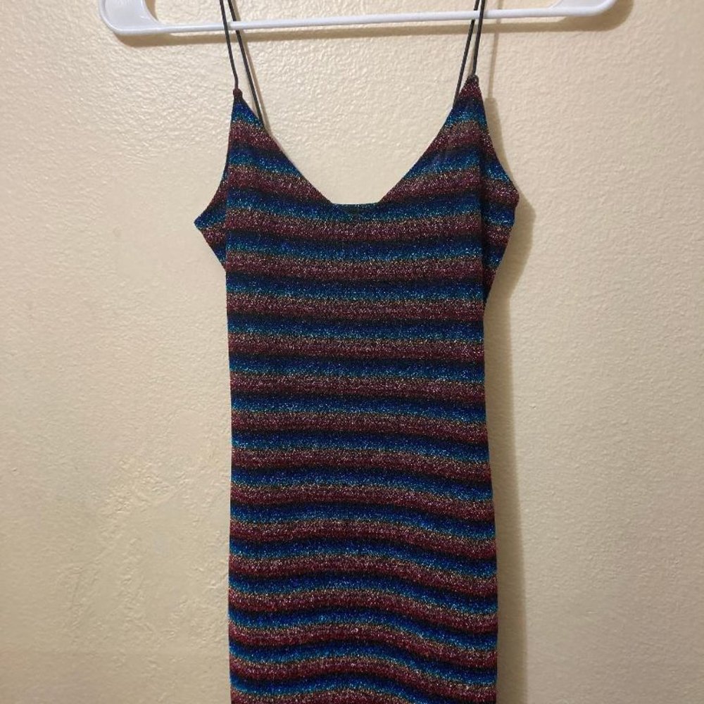 Y2K Mind Code Women's Rainbow Metallic Striped Bodycon Stretch Mini Dress Small
